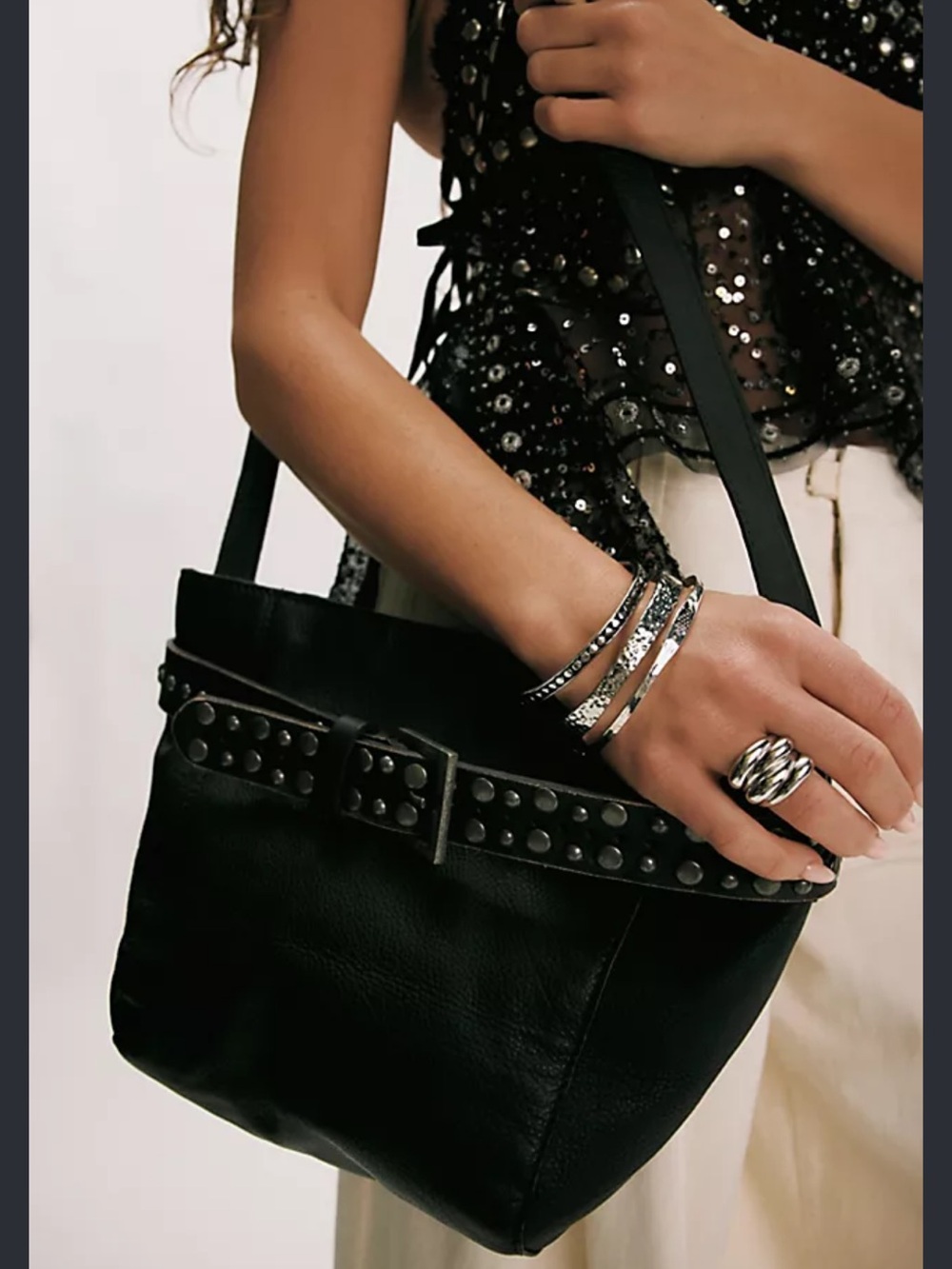 Free People Embellished Belt Black Leather Bucket Bag